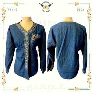 Vintage Strike a Pose Women's Shirt Denim Size XL Long Sleeve Embroidered Flower